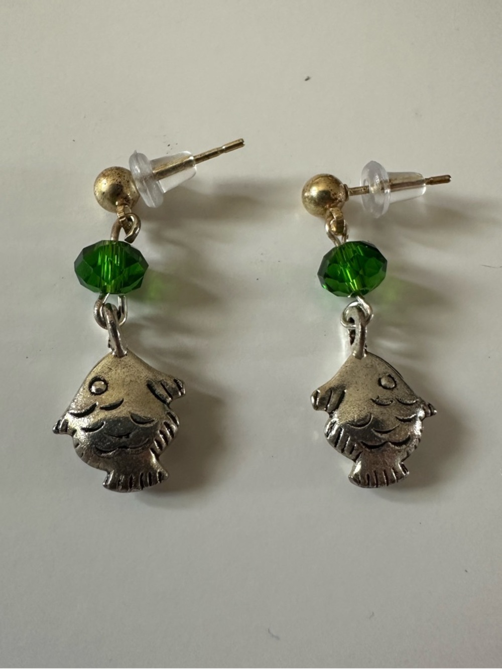 Silver Fish Dangle Earrings with Green Bead